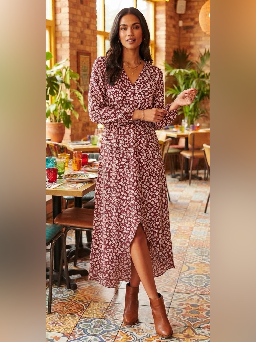 PrettyGarden Women’s Rust Floral High-Low Wrap Dress Sz M